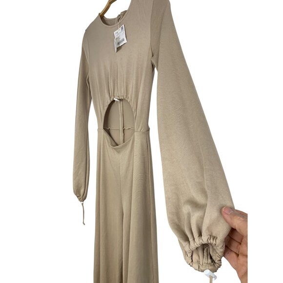 Zara Beige Long-Sleeve Cutout Jumpsuit Size S Crop Pouf Sleeves Tan RX10363 - Picture 11 of 14